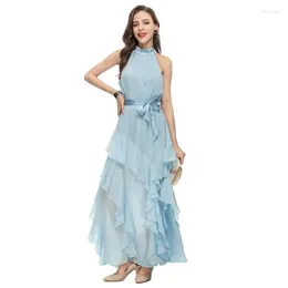 Casual Dresses Stand Collar Sleeveless Sash Belt Cascading Ruffles Floor Length Open Back Maxi Summer Elegant Dress Blue/Pink