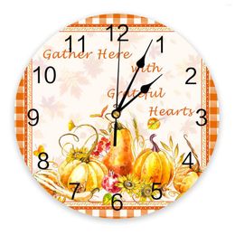 Wall Clocks Thanksgiving Autumn Pumpkin Orange Plaid Clock Modern Design Living Room Decoration Watch Home Decor