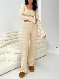 Women's Pants s Two Piece Outfits Set Long Sleeve Scoop Neck Crop Tops and Loungewear 231118