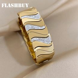 Bangle Flashbuy Design Wave Rhinestones Metal Stainless Steel Wide Bangles Bracelets High Quality 18K Gold Plate Waterproof Jewelry 231120