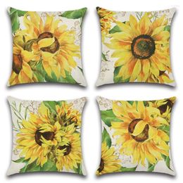 Pillow Watercolor Sunflowers Cover Linen Yellow Floral Plant Throw For Car Sofa Green Leaf Pillowcase 45cm