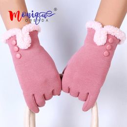 Fingerless Gloves Elegant Women Winter Girls Five Finger Touch Screen Driving Keep Warm Mittens Button Wrist Soft Thick Female Luvas