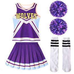 Cheerleading Children's Cheerleaders Halloween Cosplay Costume Stage Show Girl Dress School Cheerleaing Uniform Purple With Pompoms SOCK 230420