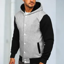 Men's Hoodies Autumn Winter Men Hoodie Colour Matching Long Sleeve Hooded Single Breasted Jacket Snap Buttons Sweatshirt Top Outerwear