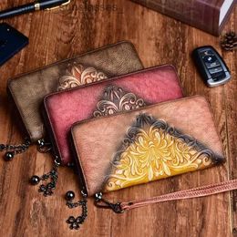 Money Clips Leather carving leather wallet vegetable tanned leather long wallet women's wallet retro embossed clutch bag for womenL231120