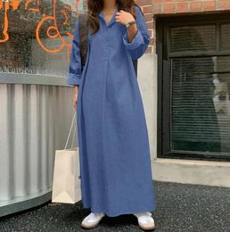 Ethnic Clothing Women Dress Spring Denim Turn Down Collar Solid Colour Temperament Commuting Bohemian Loose Large Size Long Summer