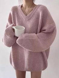 Women's Sweaters Sweet Women Pink Pullovers Knitted Top Long Sleeve V-neck Big Size Elastic Sweater 2023 Autumn Winter Clothes X445
