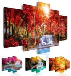 5 Panel Beautiful Waterfall Landscape Painting Flowers Modern Pictures on Canvas Modern Living Room Office DecorationNo Frame1645240