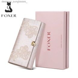 Money Clips FOXER Women Luxury Split Leather Long Wallet La Flower Pattern Phone Bifold Clutch Bag Card Holder Female Coin Purse Money BagL231120