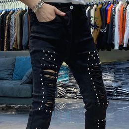 Men's Jeans High Street Autumn Diamond Men Designer Slim Fit Elastic Ripped Trousers Hip Hop Streetwear Denim Pants