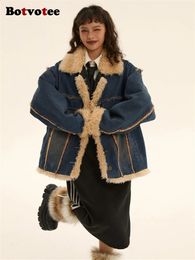 Womens Jackets Botvotee Fur Neckline Denim Coat AutumnWinter Vintage Flip Collar Jacket Fashion Button Down Patch 231118