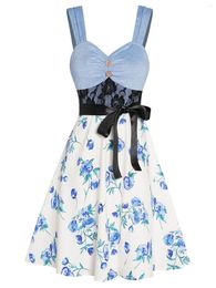 Casual Dresses Spring Colorblock Flower Print Dress Lace Panel Empire Waist Belted Mock Button A Line Mini Robe For Summer Garden Party