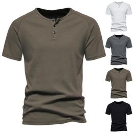 Men's T Shirts Men Summer T-shirt Short Sleeve Solid Colour Round Neck Buttons Slim Fit Daily Wear Mid Length Anti-pilling Top Male Garment