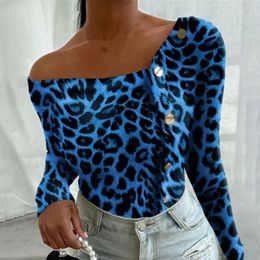 Women's Polos Spring Women Shirts Long Sleeve 2023 Sexy One-Shoulder Button Leopard Print Shirt Tops Slim Solid Color Knitted