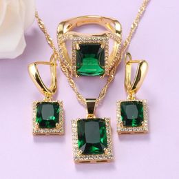 Necklace Earrings Set Vintage Rectangle Yellow-Gold Colour Fashion Women Accessories Green Zircon And Rings Sets