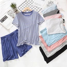 Women's Sleepwear Fdfklak Pajamas Women Spring Summer Set Elastic Modal Casual Loose Short Sleeve Shorts Suit Stripe Home Clothes