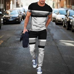 Mens Tracksuits Mens Summer Tracksuit Stripe Print TShirt Trousers Set Male Fashion Jogging Suit Casual Streetwear Vintage Outfit Clothing 230419