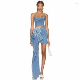 Work Dresses 2023 Summer Fashion Cool Street Shooting Elastic Cowboy Vest Three-dimensional Flower Bag Hip Overskirt 2-piece Set