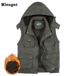 Men's Vests Fleece Hoodie Multi Pocket Men Vest For Winter Autun Male Thick Warm Parka Travel Khaki Sleeveless Waistcoat With Many Pockets 231120