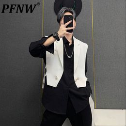 Men's Vests PFNW Spring Autumn Short Sleeveless Vest Personalised Fashion High Street Bandage Outdoor Niche Notched Coats 28A2167 230420