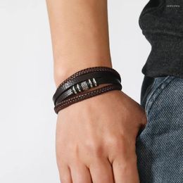 Charm Bracelets Vintage Handwoven Black Bracelet For Men Fashion Multi Layered Leather Magnetic Suction Buckle