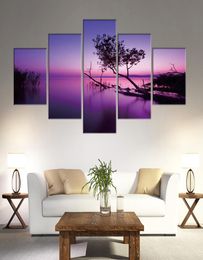 5 Panel Canvas Painting Wall Art Framework Prints Purple Sky Scenery Tree Picture Poster For Home Decor7995178