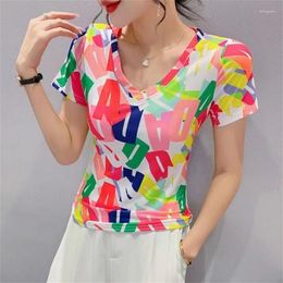 Women's T Shirts Woman Spring Summer Style T-Shirts Lady Casual Short Sleeve V-Neck Flower Printed Blusas Tops DD9410