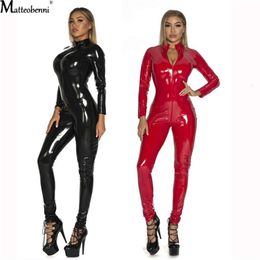 Erotic Sexy Crotchless Latex Bodysuit Double Zipper Dress For Hot Women Breast Exposing Open Crotch Leather Catsuit Lingerie