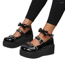 Dress Shoes Mary Jane Pumps On Heels Lolita Fashion Gothic Elegant Women Wedge Bow Tie Rock Pink Black Kawaii School Ankle Straps