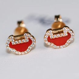 Stud Earrings Small Red Lock Geometric Agate Gems For Women High Quality Retro Simple Fashion Brand Jewellery Z110
