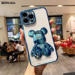 Cell Phone Cases Cute Bear Plating Phone Case for iPhone 13 12 11 Pro Max 14 Max X Xs Xr 8 7 Plus SE 2 Transparent Silicone Lens Protection Cover