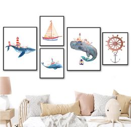 Paintings Whale Sailboat Lighthouse Nautical Sea Cartoons Wall Art Canvas Painting Nordic Posters And Prints Pictures Kids Room De6617281