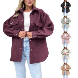 Women's Jackets Womens Fleece Shirt Jacket Fashion Button Down Tweed Long With Pockets 2023 Oversized Solid Colour Casual Top