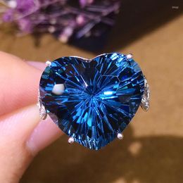 Cluster Rings 18K White Gold 24CT Heart Cut Natural Blue Topaz Gemstone Ring Jewelry Wedding Jewellery Custom Party For Her