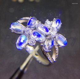 Cluster Rings Blue Moonstone Ring 925 Sterling Silver Real And Natural 0.3ct 8pcs Gemstone #J18060409