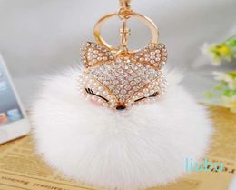 Cute flash diamond keychain fox real rabbit fur ball car key chain pendant bag charm