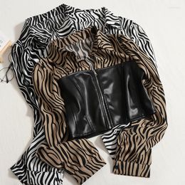 Women's Blouses Hikigawa Chic Fashion Women Tops Early Autumn Leopard Patchwork PU Shirts Contrast Colour Versatile Slim Short Blouse Top