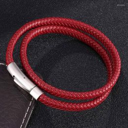 Charm Bracelets Trendy Jewellery Red Double Layer Braided Leather Rope Bracelet For Women Men Stainless Steel Buckle Wrist Band Gift FR0497