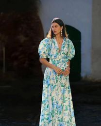 Casual Dresses Women Organic Cotton Blue Floral Printed Puff Short Sleeve Waist Laceup Long Dress 230420