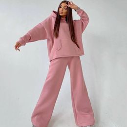 Womens Two Piece Pants Leisure Sports Tight Jumpsuit Hoodie Sweatshirt Zipper Pocket Trouser Set Fall 231120