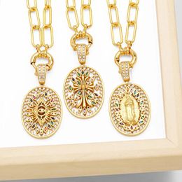 Pendant Necklaces Large Copper Zircon Hollow Virgin Mary Necklace For Women Gold Plated Paperclip Chain Catholic Jewellery Amulet Nkeb835