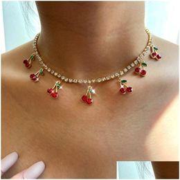 Pendant Necklaces Bynouck New Luxury Red Cherry Crystal Tennis Chain Womens Necklace Charm Cute Pendant Necklaces Women Rhin Dhgarden Otolq