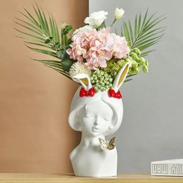 Vases Resin Antlers Girl Small Vase Simple Style Human Face Vase Decoration Living Room Bedroom Flower Arrangement Dried Flower Home 231120