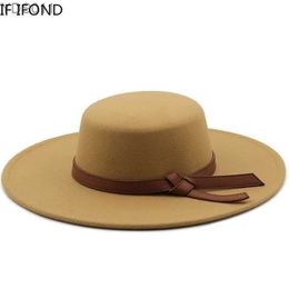 Wide Brim Hats Bucket Hats Fedora Hat 10CM Wide Brim Flat Top Hat Panama Men's Church Felt Hat Winter Black Khaki Vintage Trilby Hats YQ231120