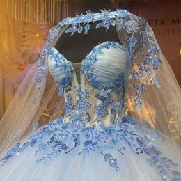 Sky Blue Princess Quinceanera Dress 2024 Ball Gown Flowers With Cape Appliques Lace Sweet 16 Dress Formal Occasion Gown