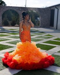 Orange Beaded Backless Prom Dresses Mermaid Rhinestones Evening Gowns Sheer Jewel Neck Tulle Ruffled Special Ocn Formal Wear
