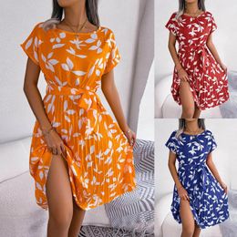 Casual Dresses Women's Leaf Printed Short Sleeved Large Pleated Dress Summer Knee Length