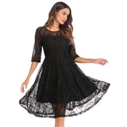 Wholesale Dress Womens Clothing Round Neck 3 4 Sleeves Wide Hem Lace Vintage