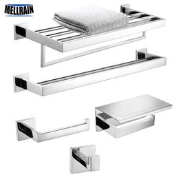 Bath Accessory Set Stainless Steel Bathroom Hardware Mirror Chrome Polished Towel Rack Toilet Paper Holder Bar Hook Accessories 230419