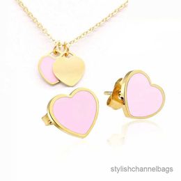 Earrings Necklace Vintage PINK Green Double Heart Charms Necklace and Earring Jewelry set Pendant Women Men chain Stainless Jewellry sets